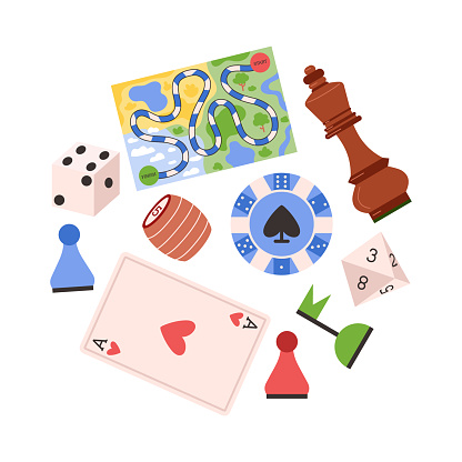 Board games elements - dice, chess piece and playing card, flat vector illustration isolated on white background. Concept of table games for kids and adults.