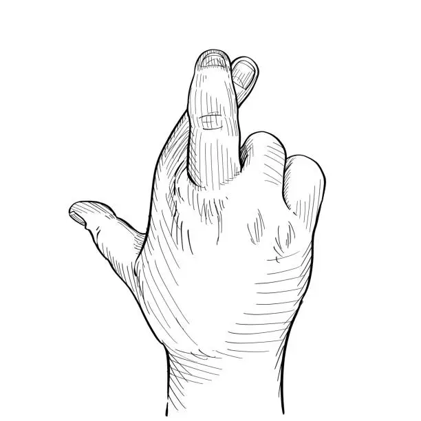 Vector illustration of Close-up of crossed fingers of the hand as a symbol of superstition. Hand language. Black and white vector illustration on white background