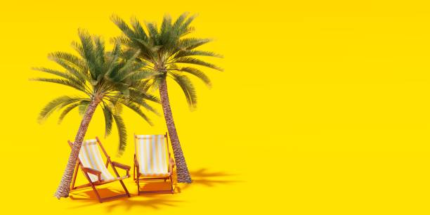 istock Palm trees and sun loungers standing on a yellow background. 3d rendering 1411682820