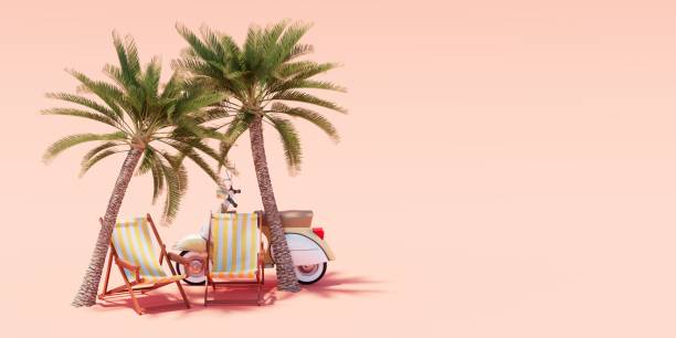 istock Palm trees, sun loungers and a moped on a beige background. 3d rendering 1411682851