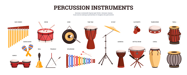 Big set of percussion instruments with names of each flat style, vector illustration isolated on white background. Various musical instruments, place for text, design elements collection