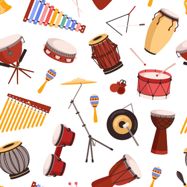 ilustrações, clipart, desenhos animados e ícones de padrão sem emenda com vários instrumentos de percussão estilo plano - bateria instrumento de percussão