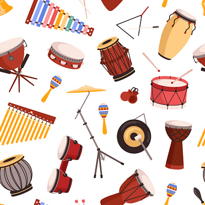 Seamless pattern with various percussion instruments flat style, vector illustration on white background. Design for wrapping and packaging, musical, decorative print