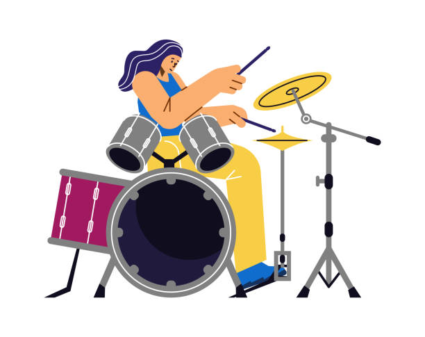 istock Female drummer playing rock music at drum kit with sticks, flat vector illustration isolated on white background. 1411684081
