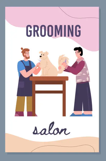 Vector illustration of Pet grooming banner with groomers doing dog haircut, flat vector illustration.