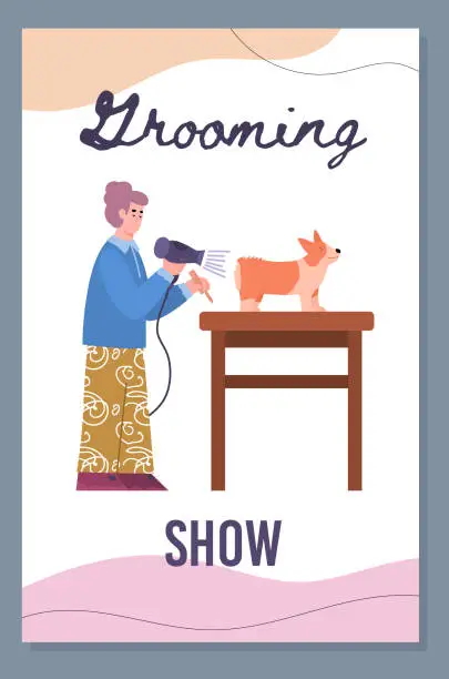 Vector illustration of Grooming show and Dog show preparations services banner, vector illustration.