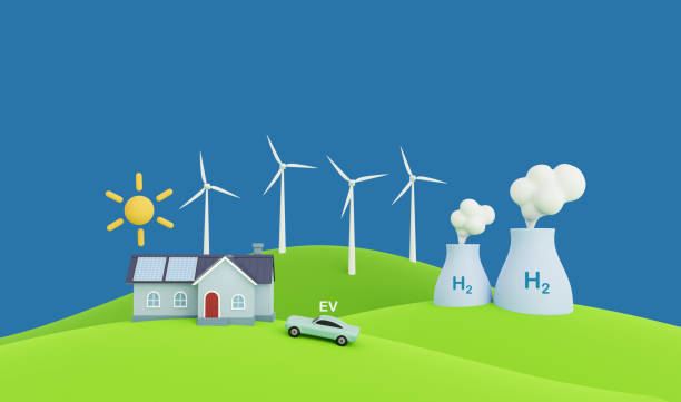 istock 3d rendering solar panels on the roof, windmills, Hydrogen plants, and electric vehicle. Net zero concept. 1411686806