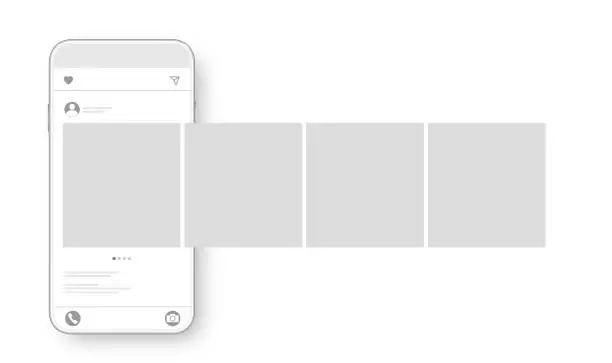 Vector illustration of Smartphone with carousel interface post on social network. Social media design concept. Vector illustration.
