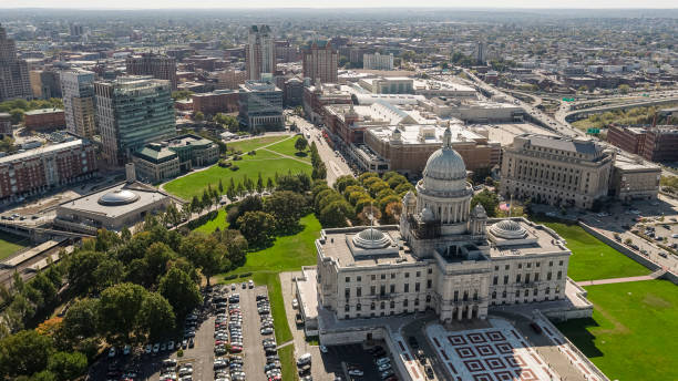 istock Administative District on Capitol Hill with Rhode Island State House and Providence streets view from above. 1411690051