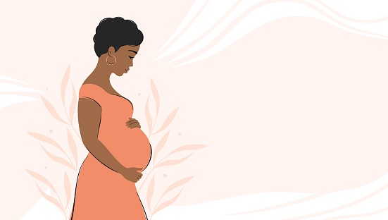 Pregnant african woman, future mom hugging belly with arms. Banner about pregnancy and motherhood with place for text.  Vector illustration.