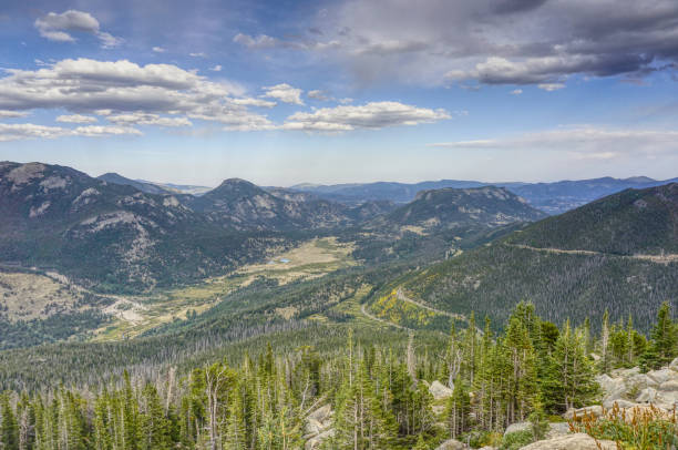 View from Rainbow Curve Overlook in Rocky Mountian National Park. stock photo
