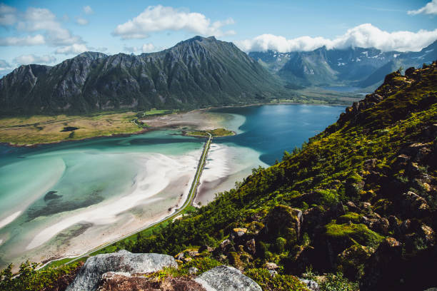Views from hiking Matmora in the Lofoten Islands in Norway stock photo