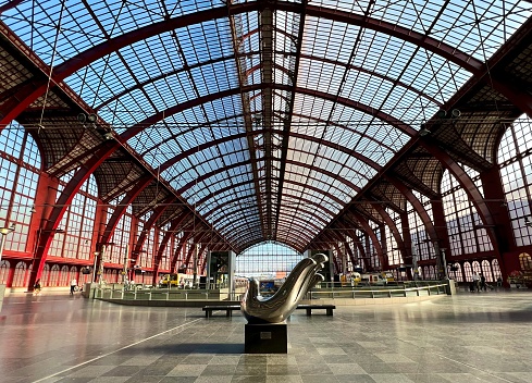 Bordeaux, France - June 13, 2017: High-speed train (TGV) arrives at platform of main railway station (Gare SNCF) of Bordeaux city, Bordeaux-Saint-Jean