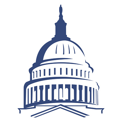 Capitol building silhouette. Isolated on white. Situated in Washington DC. Logo, print template.