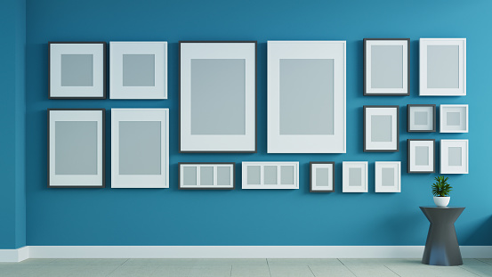 Blue gallery wall interior for decoration - 3D rendering