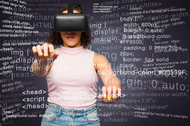 istock Young woman having a future experience with virtual reality technology 1411698062