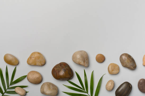 istock Spa stones and leaves on color background, top view 1411698111
