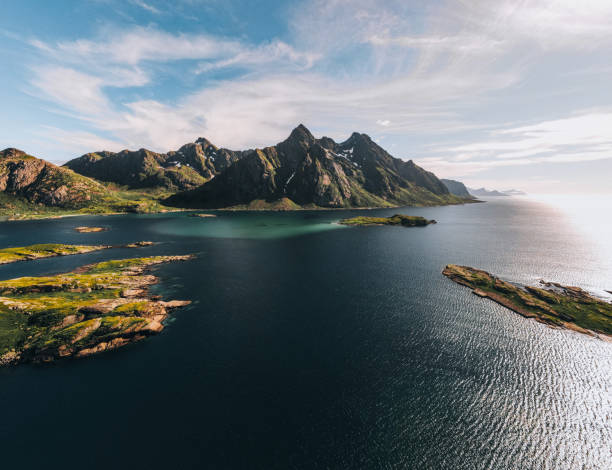 views from maervoll in the lofoten islands in norway - vaeroy imagens e fotografias de stock