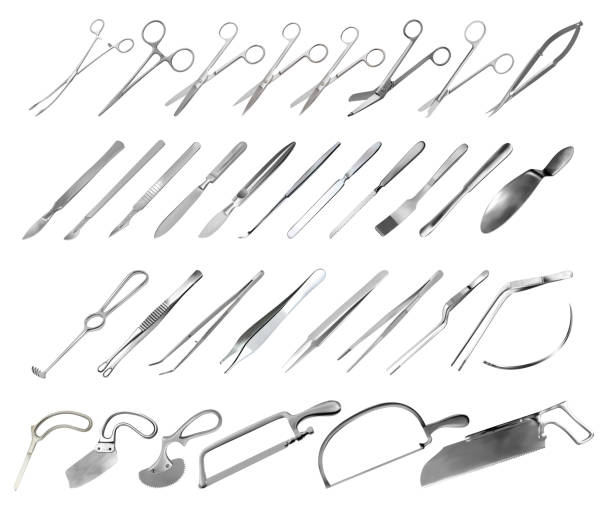 istock Set of surgical instruments. Tweezers, scalpels, saws, amputation knives, microsurgical forceps and clamps, abdominal spatulas, hook, needle. Scissors of different shapes and purposes. Vector 1411702817