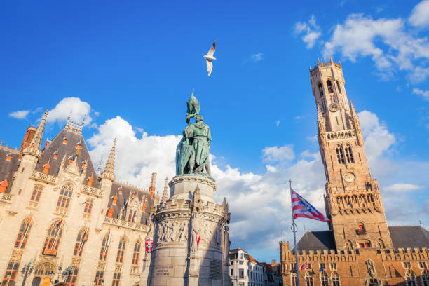 Pigeon flying above Bruges market square, flemish architecture stock photo