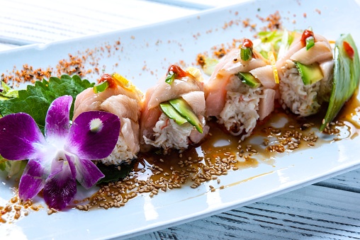 Crab meat wrapped on yellowtail sashimi & jalapenos with ponzu sauce and light spicy sauce