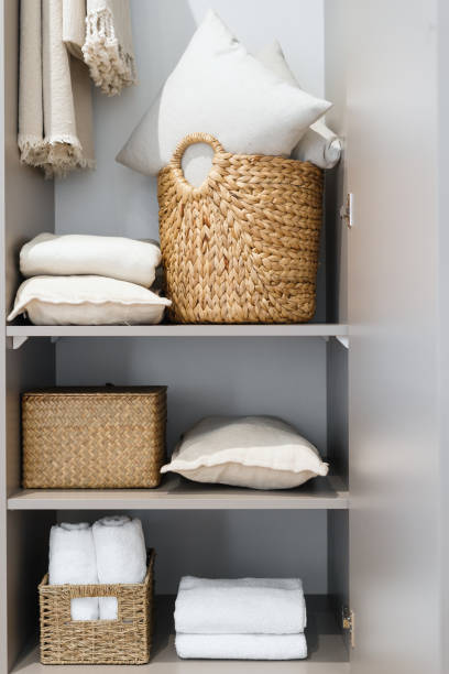 istock Bathroom accessories on shelf in modern room 1411703192