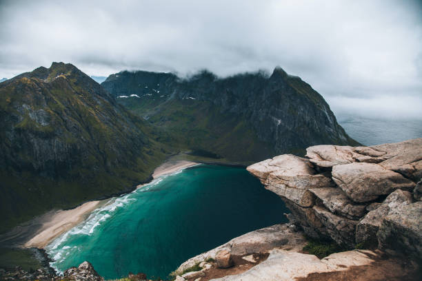 views from ryten in the lofoten islands in norway - vaeroy imagens e fotografias de stock