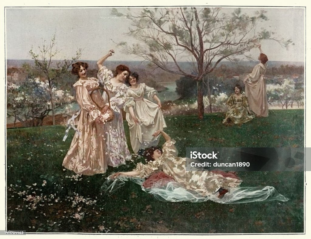 Young woman playing in a meadow, Fleurs de Printemps, spring flowers, French art, 19th century Vintage illustration after the painting by Albert Emile Artigue, Fleurs de Printemps, spring flowers French, 19th century Fine Art Painting stock illustration