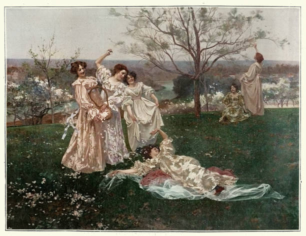 Young woman playing in a meadow, Fleurs de Printemps, spring flowers, French art, 19th century vector art illustration