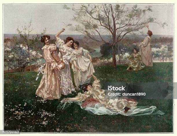 Young Woman Playing In A Meadow Fleurs De Printemps Spring Flowers French Art 19th Century Stock Illustration - Download Image Now