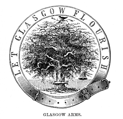 Glasgow City Coat of Arms with a fish, a bird, a bell, and a tree, Illustrations published i863. Original edition is from my own archives. Copyright has expired and is in Public Domain.
