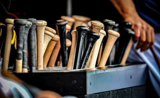 8 September 2011: A bin full of baseball bats are ready for the players of the Washington Nationals as they host the Los Angeles Dodgers at Nationals Park in Washington, DC. The Dodgers defeated the Nationals 7-4 to take the third game of their 4-game series. Mandatory Credit: Ed Wolfstein Photo