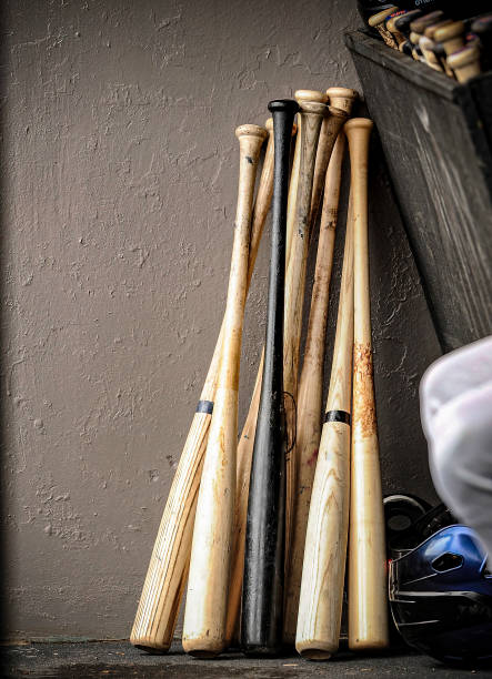 holzschläger im baseball dugout - baseballschläger stock-fotos und bilder