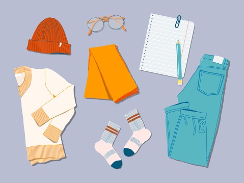 Sweaters, jeans, glasses, socks, hat, note list and scarf flat lay style. Trendy top down view illustration. Autumn atmosphere. Modern minimalistic group of clothes design for web card, banner.