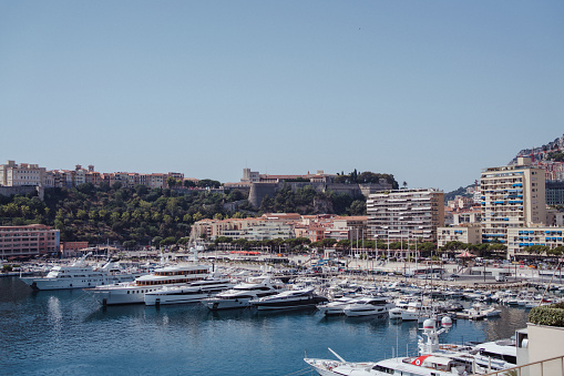 View of seaside Champions Promenade and Mediterranean coast  in Monaco
