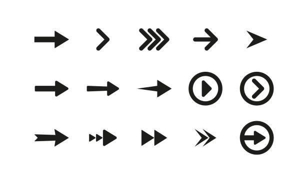 bildbanksillustrationer, clip art samt tecknat material och ikoner med website buttons with arrows set icon. next page, scroll, follow the link, internet, online, app, application, user, right, technology concept. vector line icon for business and advertising - pilsymbol