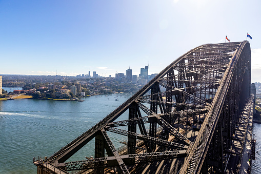 Aerial view of Harbour Bridge, Lavender Bay and northern suburbs of Sydney, full frame horizontal composition