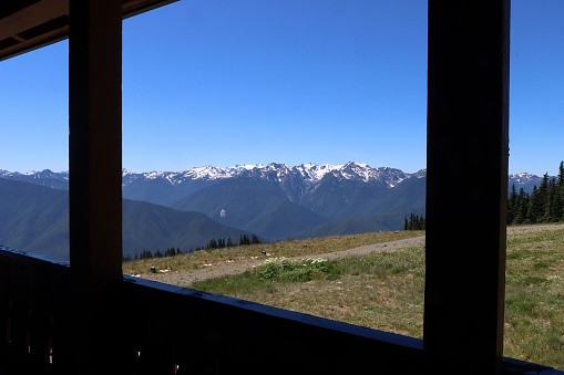The Olympic Mountains framed by the lodge window