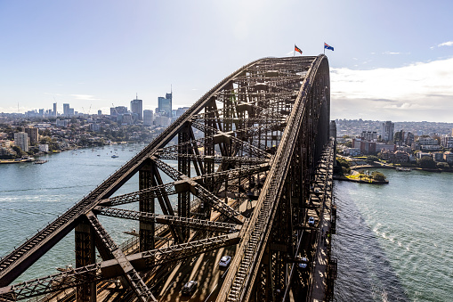 Aerial view of Harbour Bridge, Lavender Bay and northen suburbs of Sydney, background with copy space