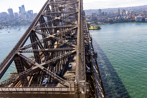 Aerial view of Harbour Bridge, Lavender Bay, Kirribilli and northern suburbs of Sydney, full frame horizontal composition