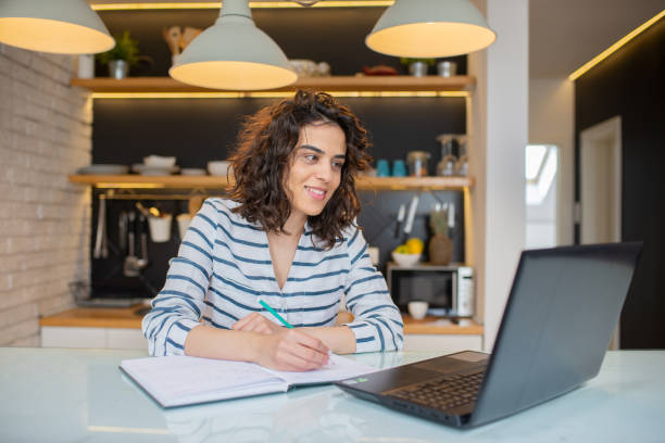 istock Young woman attending online class from home 1411713597