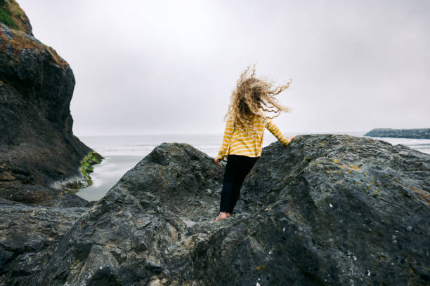 A rear view of a toddler aged girl, her curly hair blowing in the wind as she looks at the Pacific Ocean from a rocky outcrop.  The beauty of the Pacific Northwest.  Shot at Waikiki Beach, Cape Disappointment, Washington state, USA.