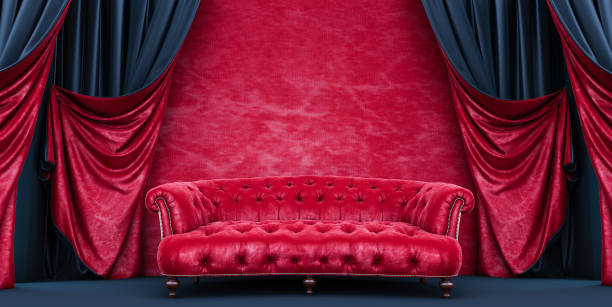 istock Interior with red sofa and black and red curtains,  red sofa and red wall, 1411716202