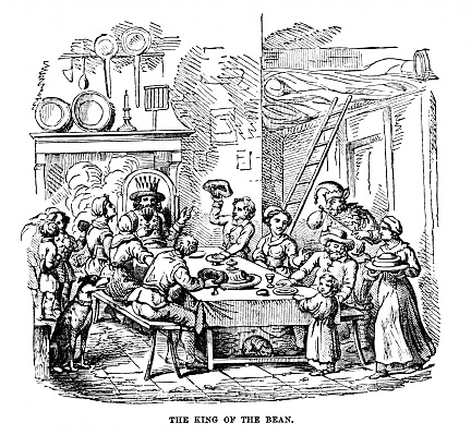 King of the Bean is a mock royal celebration during the time of Epiphany, a traditional Christian celebration. Illustration published 1863. Source: Original edition is from my own archives. Copyright has expired and is in Public Domain.