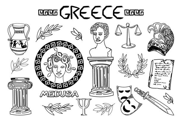 ilustrações de stock, clip art, desenhos animados e ícones de set of ancient elements of ancient greece and rome, hand-drawn in sketch style. gorgon medusa. head of perseus, vase with exploit, laurel wreath, statues, sword, columns of ionic and doric order. - greek culture greece text classical greek