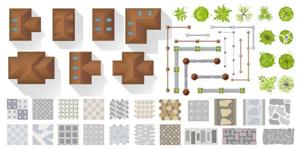 Vector illustration of Architectural and Landscape elements top view for town, village. Set of houses, plants, garden, fence, trees, tile path for project, plan, map, yard. Collection of objects View from above. Vector kit