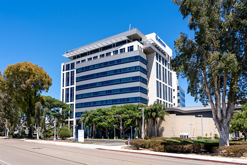 San Diego, California, USA - July 9, 2022: Qualcomm’s office building at its headquarters in San Diego, California, USA. Qualcomm is an American multinational corporation.