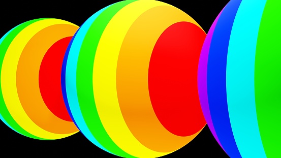 3D rendering. Three-dimensional spheres with a pattern of lines with different colors of the rainbow. Spheres on a dark background. Circles with striped patterns with different colors red, orange, yellow, blue and green.