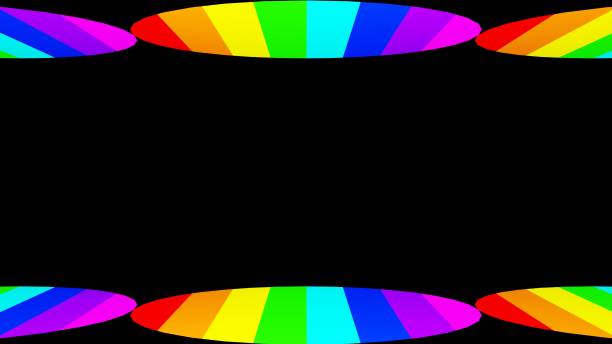 istock 3D rendering. Template for presentation or design black color with colored circles on the top and bottom. Colored circles with lines of different colors of the rainbow. 1411735043