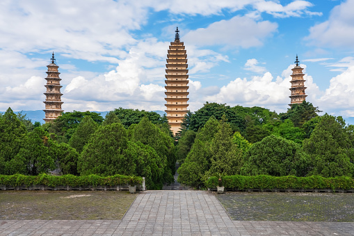 Ancient pagodas and tourist attractions in Dali Park, Yunnan Province, China on June 8, 2022